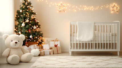 A cozy nursery decorated for the holidays featuring a plush teddy bear, Christmas tree, twinkling lights, and neatly wrapped presents creating a warm and inviting atmosphere.