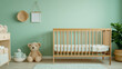 © Marketplace - A cozy nursery featuring a wooden crib, a plush teddy bear, and soft decor against a soothing green wall, creating a perfect atmosphere for a baby's room.