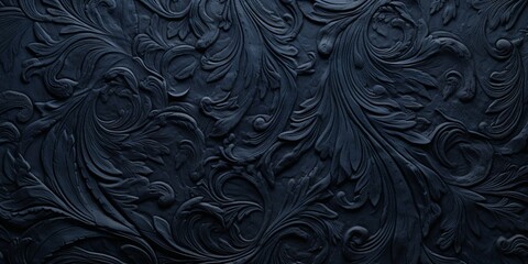 a deeply embossed textured surface with ornate floral designs in a rich midnight blue hue