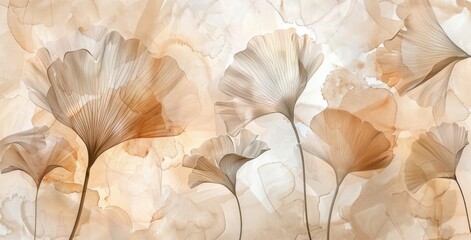 Wall Mural - Ginkgo leaves, botanical art, nature background, soft colors, elegant design, pastel tones, floral abstraction, artistic illustration, light composition, serene atmosphere, intricate details of natur