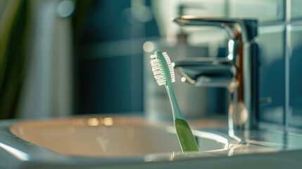 Close up of a green toothbrush with fresh white hyaluronic acid and textured bristles on a bathroom sink in a blurred background of a modern blue tile bathroom interior, in a close-up