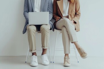 2 young businesspeople sitting laptop footwear.