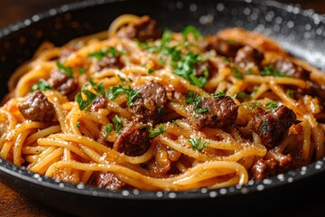 Sticker - A mouthwatering dish features spaghetti intertwined with tender beef pieces, garnished with fresh herbs and a rich sauce, presented elegantly in a bowl