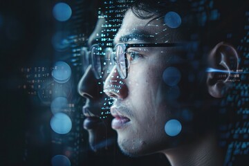 Portrait of handsome young Asian man with glasses looking at digital mirror reflection, cyber security concept on dark background. double exposure. side view