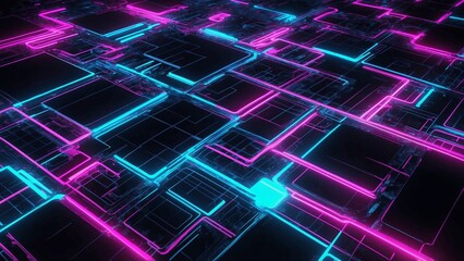 Neon pink and electric blue grid with glowing circuits representing digital network and interconnectivity