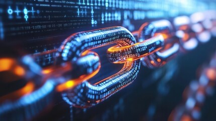 Close-up of a digital chain symbolizing blockchain technology with glowing elements and binary code in the background.