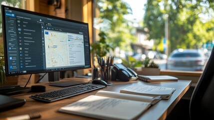 Modern workspace with computer displaying a map application