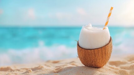 Refreshing coconut drink on sandy beach with turquoise sea in the background, perfect for summer vibes.