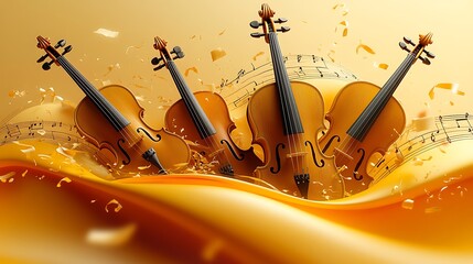 a captivating illustration of a string quartet, with violins, violas, and cellos arranged in a flowi