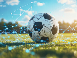 A soccer ball is on a field with a network of lines surrounding it