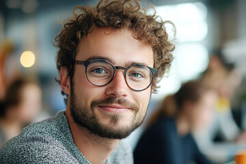 Poster - A man with glasses is smiling at the camera