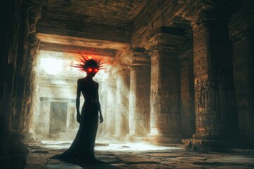 A Shadowy Figure with Glowing Red Eyes Stands in an Ancient Temple