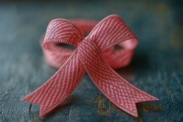 A soft pink ribbon is elegantly tied into a bow and rests on a textured background. The subtle light highlights the ribbons intricate pattern, creating a gentle and inviting atmosphere ideal for gift 