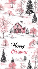 Wall Mural - an illustrated christmas card with a house and trees