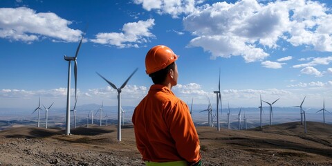 a massive wind energy project in China countryside, with engineers at the forefront, turbines spinning in the distance, emphasizing China energy shift.