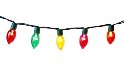 Wall Mural - a string of colorful christmas lights with bulbs lit up in red, green, and yellow isolated on transp