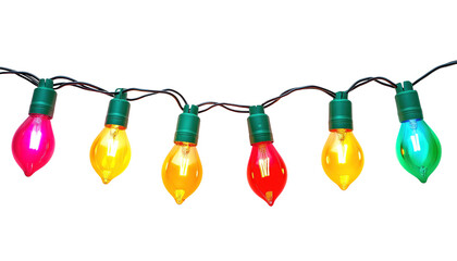 Wall Mural - a string of colorful christmas lights with bulbs lit up in red, green, and yellow isolated on transp