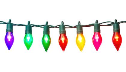 Wall Mural - a string of colorful christmas lights with bulbs lit up in red, green, blue, and yellow isolated on 
