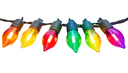 Wall Mural - a string of colorful christmas lights with bulbs lit up in red, green, and yellow isolated on transp