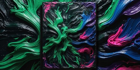 Wall Mural - Abstract green, blue, and pink paint swirls on black background.