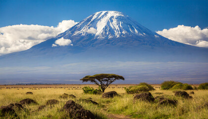 mount kilimanjaro dominates the landscape with its snow-capped peak and vibrant savanna during a cle