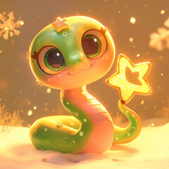 Wall Mural - A cartoon snake holding a star in its mouth. The image has a playful and whimsical mood, with the snake being the main focus and the star adding a touch of magic and wonder