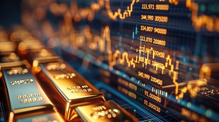 Poster - A close-up of a financial graph showing stock prices rising, with gold bars in the foreground.