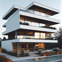Poster - A modern three story residential building with white cantilever volumes.