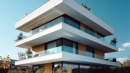 Poster - A modern three story residential building with white cantilever volumes.