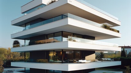 Wall Mural - A modern three story residential building with white cantilever volumes.