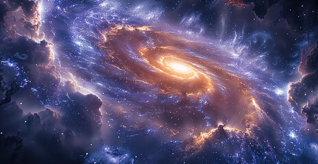 Aufkleber - A vast, cosmic unfolds with swirling nebulae in deep purples and blues, dotted with countless stars that twinkle faintly. At the center, a massive, swirling galaxy slowly rotates.