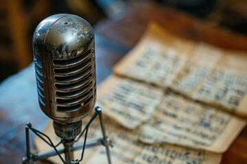 Vintage microphone is standing on a wooden table with sheet music, evoking a nostalgic atmosphere of music recording