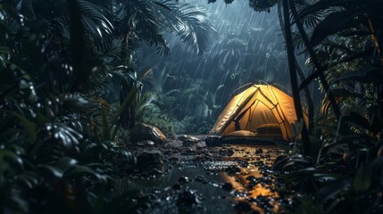 rain on the tent in the forest, tropic, quiet, calm, peaceful, meditation, camping, night, relax