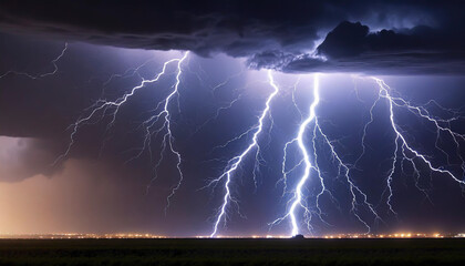dramatic lightning strikes illuminate the night sky over a city during a thunderstorm