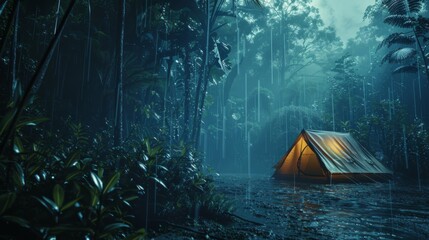 rain on the tent in the forest, tropic, quiet, calm, peaceful, meditation, camping, night, relax