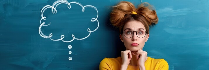 Thoughtful young woman with glasses and unique hairstyle, pondering ideas in front of a chalkboard.