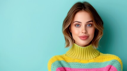 Casual portrait of a young woman in a colorful striped sweater against a vibrant backdrop.