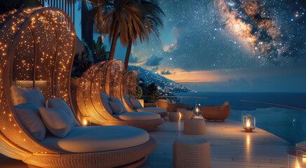 Wall Mural - a luxurious outdoor rooftop setting under a stunning night sky filled with the milky way and countle
