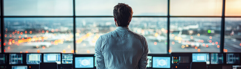 Sticker - Dedicated Air Traffic Controller Monitoring Radar Screens in Aerodrome Control Tower for Aviation Safety and Responsibility