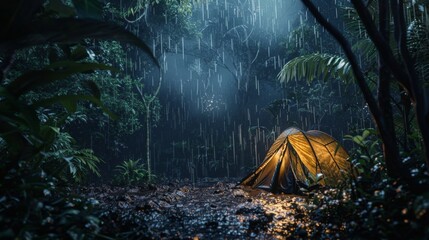 rain on the tent in the forest, tropic, quiet, calm, peaceful, meditation, camping, night, relax