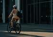 © Running opossum - Businesswoman wearing a helmet is riding an electric bicycle on a city street