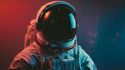 Wall Mural - an astronaut in a detailed space suit gazes ahead against a dark background with green, red, and blu