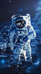 Wall Mural - astronaut in white suit and silver helmet floats or walks in space against a starry sky.