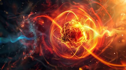 Wall Mural - stylized atom depicted with golden nucleus, red-orange paths, symbolizing atomic energy. blue nebulo
