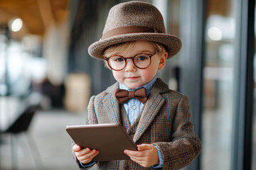 Canvas Print - Young Businessman in Training Child Using Tablet in Bright Modern Office Setting for Early Skill Development and Corporate Ambition