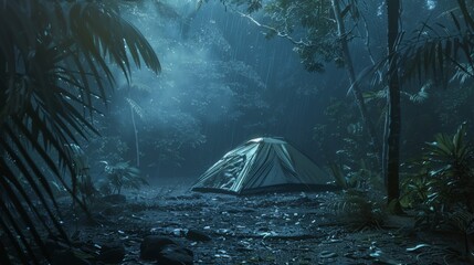 rain on the tent in the forest, tropic, quiet, calm, peaceful, meditation, camping, night, relax
