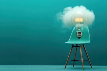 A creative light bulb on a chair with a cloud of thoughts, bright teal background.