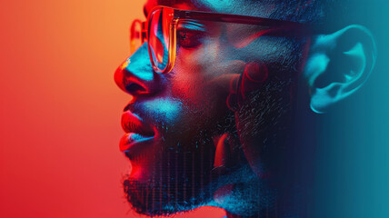 This striking image features profile of man with glasses, illuminated by vibrant red and blue lighting, creating captivating visual effect. interplay of colors enhances emotional depth of portrait, ma