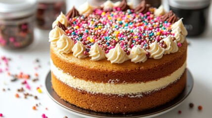 A traditional New Year's cake with colorful sprinkles, isolated on white background. 