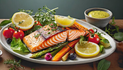 Freshly grilled salmon with lemon and colorful vegetables served on a rustic plate